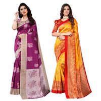 Yashika Women's Combo Art Silk Printed Saree With Blouse Piece Pack Of 2(KESAR WINE-MINALI MUSTARD)