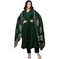 ANNI DESIGNER Women's Rayon Blend Solid Anarkali Kurta with Pant & Dupatta (Magic-Green-NB_M_Green_Medium)