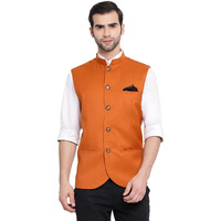 VASTRAMAY Mens Cotton Silk Orange Nehru Jacket - Timeless Style & Versatility | Ethnic Sleeveless Coat With Curved Hem And Formal Waist Length | Formal & Casual Wear_VASMJ054OR_44