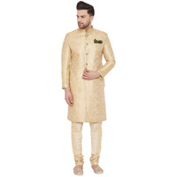 VASTRAMAY Men's Gold Beige Silk Blend Sherwani Set - Brocade Sherwani And Pyjama Set