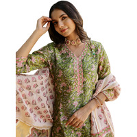 Yashika Women's Cotton Blend Floral Regular Kurta Effortlessly Elegant, Uniquely You: Discover Your Signature Style with Our Printed Ethnic Sets (AZ-YS-OG-KS2140-Parent_Green_S)