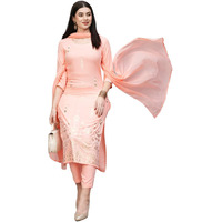 ANNI DESIGNER Women's Cotton Blend Straight Printed Kurta with Pant & Dupatta (Mavis Peach_S_Peach_Small)