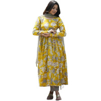 ANNI DESIGNER Women's Rayon Blend Anarkali Printed Kurta with Pant & Dupatta (Purimor Yellow_L_Yellow_Large)