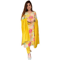 ANNI DESIGNER Women's Cotton Blend Embroidered Floral Printed Straight Kurta with Pant & Dupatta (LITUP-Yellow_M_Yellow_Medium)