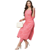 ANNI DESIGNER Women's Cotton Blend Straight Printed Kurta with Pant Set (EDF-Pink_M_Pink_Medium)