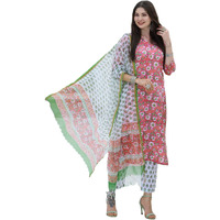 ANNI DESIGNER Women's Cotton Blend Floral Straight Kurta with Pant & Dupatta (Tanvi RED X-Large)
