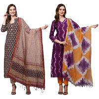 ANNI DESIGNER Women's Cotton Blend Printed Straight Kurta with Pant & Dupatta Pack of 2 (Combo-Nayantara Black-Mukhi Pink_M_Multi_Medium)