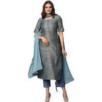 ANNI DESIGNER Women's Cotton Blend Straight Printed Kurta with Pant & Dupatta (Luis Firoji_XL_Blue_X-Large)