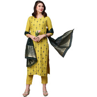 ANNI DESIGNER Women's Cotton Blend Embroidered Straight Kurta with Pant & Dupatta (WORO-Mustard_XL_Mustard_X-Large)