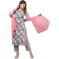 ANNI DESIGNER Women's Cotton Blend Straight Printed Kurta with Pant & Dupatta (Jam001-Grey_M_Dark Blue_Medium)