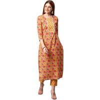 ANNI DESIGNER Women's Cotton Blend Printed Straight Kurta with Pant (Sarva-Grey & Yellow_S_Dark Blue_Small)