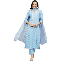 ANNI DESIGNER Women's Cotton Blend Straight Printed Kurta with Pant & Dupatta (Dooti Blue-CMD_XXL_Blue_XX-Large)