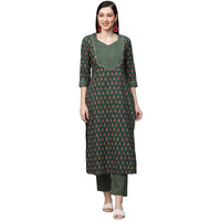 ANNI DESIGNER Women's Cotton Blend Printed Straight Kurta with Pant (Jinki-Light Green_M_Dark Blue_Medium)