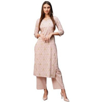 ANNI DESIGNER Women's Cotton Blend Straight Printed Kurta with Pant (PAT 11 Pink_S_Pink_Small)
