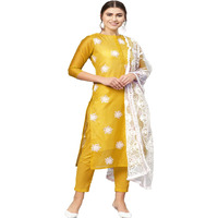ANNI DESIGNER Women's Ruby Cotton Straight Embroidery Kurti with Pant & Dupatta Set (White-Show Multicolor_XL Multicolor_X-Large)