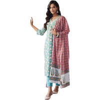 ANNI DESIGNER Women's Cotton Blend Straight Printed Kurta with Pant & Dupatta (Made Green_XXL_XX-Large_Green)