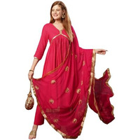 ANNI DESIGNER Women's Cotton Blend Anarkali Printed Kurta with Pant & Dupatta (SHRINIKA Pink-JL_M_Pink_Medium)