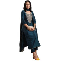 ANNI DESIGNER Women's Rayon Blend Straight Embroidered Kurta with Pant & Dupatta (SIKAND Cerosin_XL_Dark Blue_X-Large)