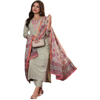 ANNI DESIGNER Women's Cotton Blend Straight Embroidered Kurta with Pant & Dupatta (SARTHI Mehandi_L_Mehandi_Large)