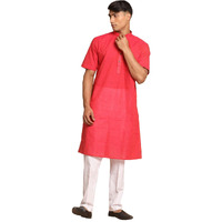 VASTRAMAY Men's Pink And Off White Pure Cotton Kurta Pyjama Set_VASMK142PNnPANT003WH_38