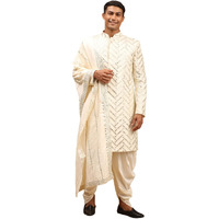 VASTRAMAY Men's Cream Silk Blend Sherwani Set With Dupatta | Trend setting Men's Indowestern Style Mirror Work Sherwani. Cowl Style Patiala Dhoti Pant Set With Mirror work Viscose Dupatta.
