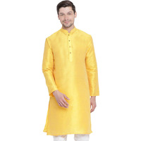 VM Mens Silk Blend Yellow Kurta - Elegance for Festivals & Events | Banarasi Silk with Slight Cotton mix Solid Full Sleeves Chinese Collar Kurta | Classic Design, Premium Comfort, and Versatile Style