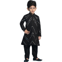 VASTRAMAY Boys' Black Kurta Pyjama Set | Boy's Mirror work Black Georgette Kurta and Pyjama Set for Navratri, Diwali & Festive Celebrations - Stylish and Comfortable Indian Outfit for Kids