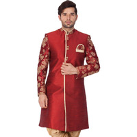 VASTRAMAY Men's Maroon n Gold Cotton Silk Blend Sherwani Only Top_VASMSW010_36