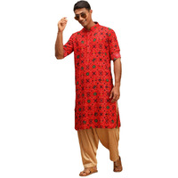 VASTRAMAY Men's Red and Rose Gold Cotton Blend Kurta and Patiala Set_VASMK160RDnPTYRG_40