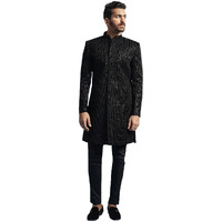 VASTRAMAY Men's Black Velvet Sherwani Set - Velvet Sequined Embroidered Indo Western And Pyjama Set