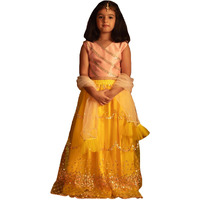 VASTRAMAY Girls' Pink And Yellow Lehenga Set With Net Dupatta_VTWGLC036YWnD_34L