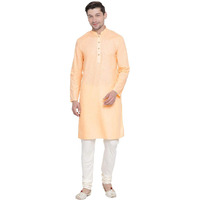 VASTRAMAY Men's Orange Cotton Linen Blend Kurta Pyjama Set_VASMK007FNnPLBCR_38