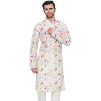 VASTRAMAY Men's Cream Cotton Blend Kurta | Digitally Printed Floral Kurta | Kurta for Festivals - Stylish, Comfortable - Perfect for Celebrations and Cultural Events, Navratri & Diwali
