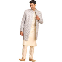 VASTRAMAY Men's Aqua And Cream Silk Blend Ethnic Combo Set | Trend setting Men's Indowestern Style Mirror Work Sherwani made of fancy fabric.This Set Contains Kurta And Pant Style Pyjama.