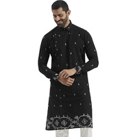 VASTRAMAY Men's Black Cotton Kurta - Cotton Jamdani Jacquard Kurta