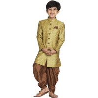 VASTRAMAY Boys' Mustard Yellow And Coffee Indowestern Sherwani and Cowl dhoti pant Set | Banarasi Silk Jacquard Sherwani - Traditional Ethnic Wear for Men - Perfect for Weddings, Festive, Navratri