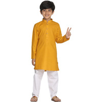VASTRAMAY Boys' Cotton Solid Color Kurta with Full Sleeves, Mandarin Collar & Wooden Buttons  White Elasticated Waist Pyjama Set for Ethnic and Festive Occasions