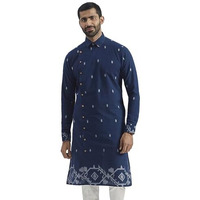 VASTRAMAY Men's Navy Blue Cotton Kurta - Cotton Jamdani Jacquard Kurta