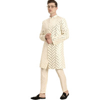 VASTRAMAY Men Cream-Coloured Chevron Embroidered Mirror Work Indo Western Sherwani Set_VASMIW026CRnPANT002CR_38