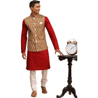 VASTRAMAY Men's Maroon, Green And White Cotton Blend Jacket, Kurta and Pyjama Set-VASMJ060GNnK007MAnPCWH_38