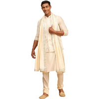 VASTRAMAY Men's Cream Viscose Jacket, Kurta and Pyjama Set | Mirror Work Chevron Pattern Chic Jacket Kurta Pyjama And Dupatta set