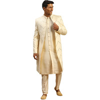 VASTRAMAY Men's Cream Viscose Sherwani Set | Set Of Layered Mirror Work Front Open Sherwani Set With Pant Style Pyjama