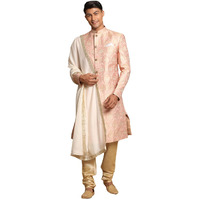 VASTRAMAY Men's Pink And Gold Silk Blend Sherwani Set - A Set Of Brocade Sherwani And Pyjama With Dupatta