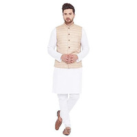 VASTRAMAY Men's Beige And White Cotton Blend Jacket, Kurta and Pyjama Set_VASMJ121BGnMK007WHnPCWH_38