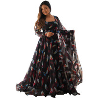 Women Floral Print Anarkali Kurta with Pant and Dupatta (Medium, Black-1)