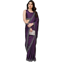 Yashika Women's Hot Fix Work and Solid Color Satin Moss Saree With Unstitched Blouse Material (AZ-YS-P2-PINTU PURPLE)