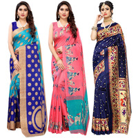 Yashika Women's Combo Art Silk Saree with Blouse Piece-Pack of 3(Kora Blue-MAITHALI Pink-MATWALI Navy) Multicolor-07