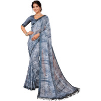 Yashika Women's Weightless Georgette Satin Printed Hot Fix Swarovski Lace with Tassels Unstitched Blouse Material Saree (AZ-YS-P1-REHANA-Parent_Grey)