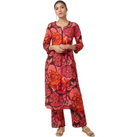 Yashika Women's Regular 3/4 Sleeve Floral Printed Kurti Pant Set, Cotton Blend, Knee Length, Stylish Ethnic Outfit, Office, and Casual Occasions (AZ-YS-OG1-KS2168-Parent_Red