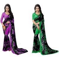 Yashika Women's Jacquard Pure Georgette Saree Combo Violet_Floral Green_Purple